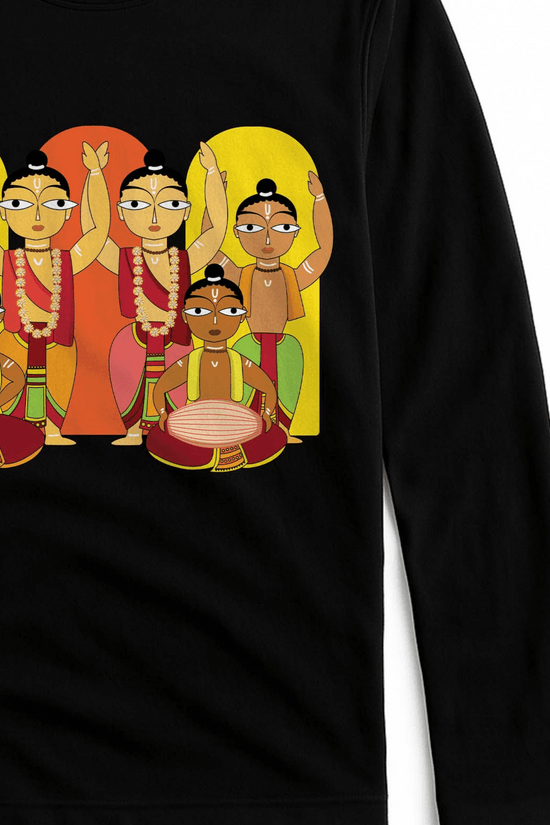 Hare Krishna Unisex Tee features vibrant Sankirtan artwork with full sleeves, ideal for spiritual gatherings or casual devotional wear.