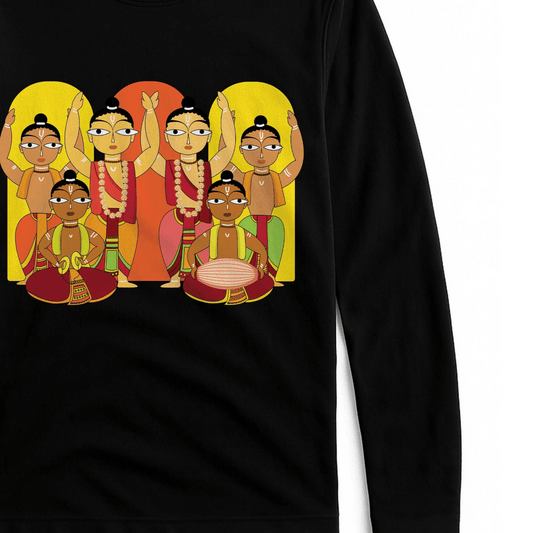 Hare Krishna Unisex Tee features vibrant Sankirtan artwork with full sleeves, ideal for spiritual gatherings or casual devotional wear.