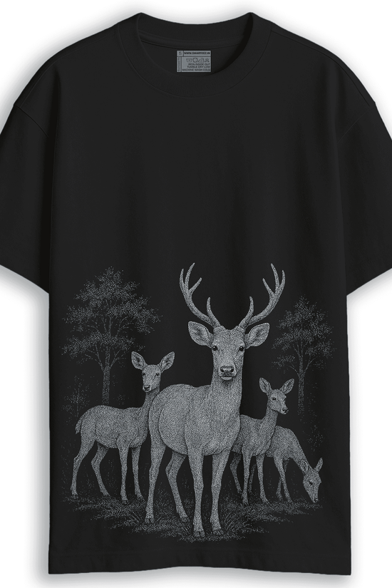 Forest Deer T-Shirt - deer tshirts with wildlife graphic in oversized unisex fit, featuring detailed deer illustration on black cotton fabric.