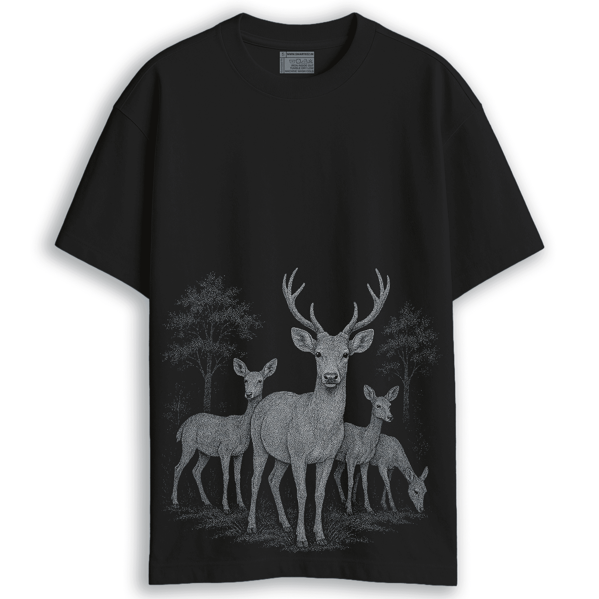 Forest Deer T-Shirt - deer tshirts with wildlife graphic in oversized unisex fit, featuring detailed deer illustration on black cotton fabric.