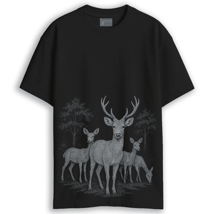Forest Deer T-Shirt - deer tshirts with wildlife graphic in oversized unisex fit, featuring detailed deer illustration on black cotton fabric.