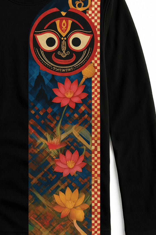 Jagannath T-shirt - Sacred Lotus Design | Rath Yatra Tee featuring Lord Jagannath face and vibrant lotus flowers on a black full sleeves shirt.