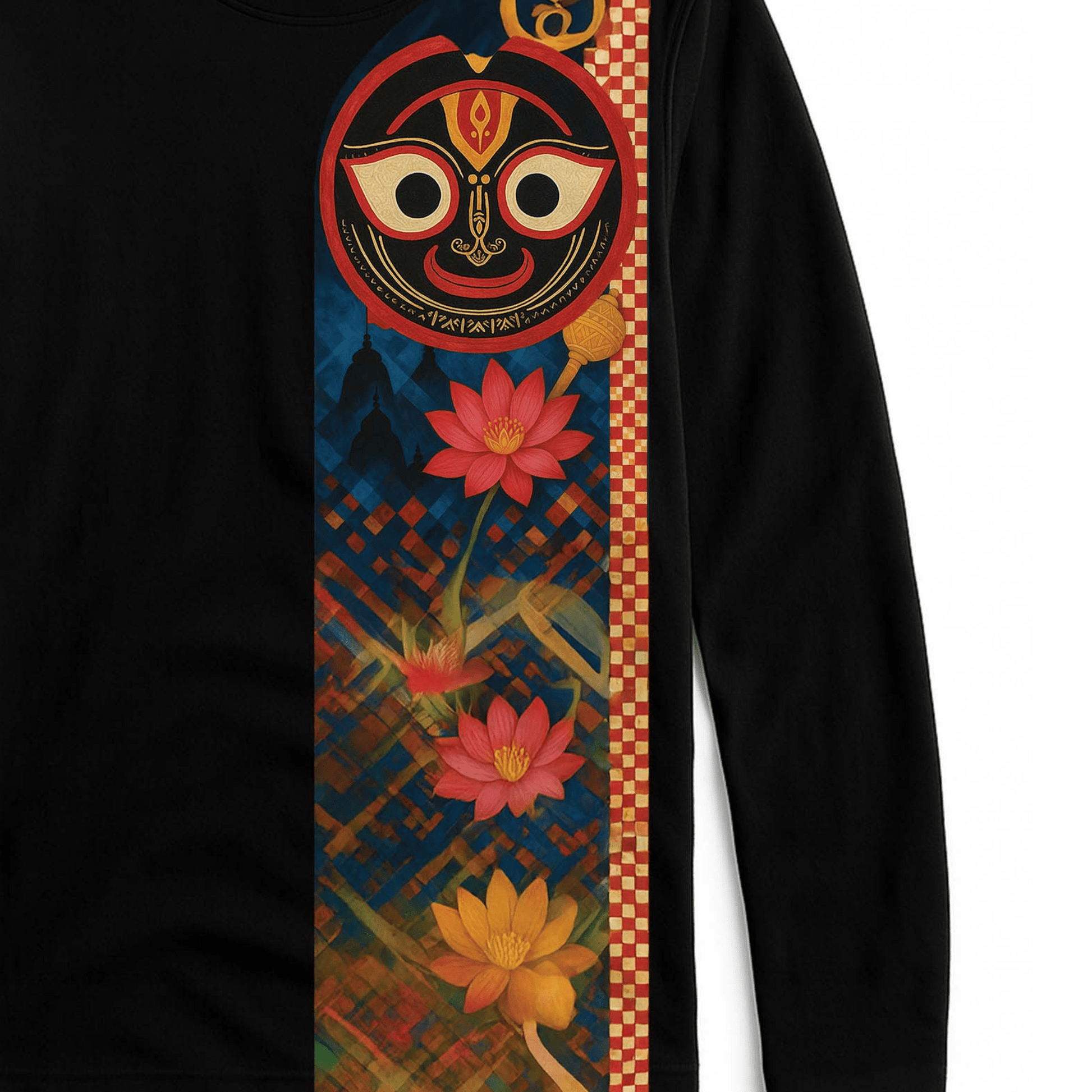 Jagannath T-shirt - Sacred Lotus Design | Rath Yatra Tee featuring Lord Jagannath face and vibrant lotus flowers on a black full sleeves shirt.