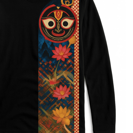 Jagannath T-shirt - Sacred Lotus Design | Rath Yatra Tee featuring Lord Jagannath face and vibrant lotus flowers on a black full sleeves shirt.