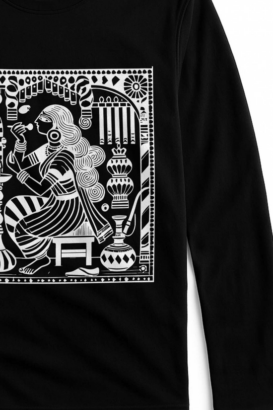 Kalighat Patachitra T-Shirt featuring intricate white Bengali folk art print of a woman at her vanity on black cotton full sleeves fabric.
