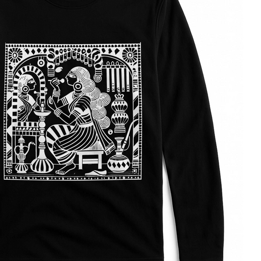 Kalighat Patachitra T-Shirt featuring intricate white Bengali folk art print of a woman at her vanity on black cotton full sleeves fabric.