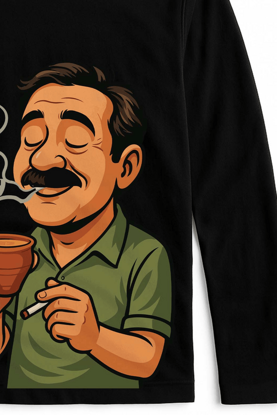 Ei To Jibon T-Shirt - Bengali Full Sleeve Humor design featuring a nostalgic man enjoying tea and a smoke, celebrating adda and cha culture.