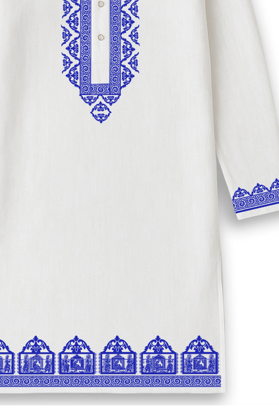 Traditional white Bengali Panjabi kurta with intricate blue palki print on collar, cuffs, and hem. Ideal festive wear for weddings and cultural events.