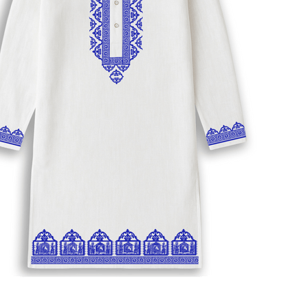 Traditional white Bengali Panjabi kurta with intricate blue palki print on collar, cuffs, and hem. Ideal festive wear for weddings and cultural events.
