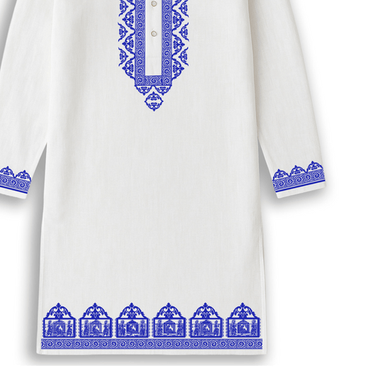 Traditional white Bengali Panjabi kurta with intricate blue palki print on collar, cuffs, and hem. Ideal festive wear for weddings and cultural events.