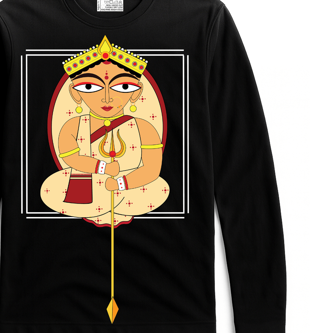 Uma Spiritual T-shirt - Bengali Heritage design featuring Goddess Uma in vibrant colors on a black unisex full sleeves 100% cotton top. Ideal for showcasing cultural pride and comfort in religious apparel.