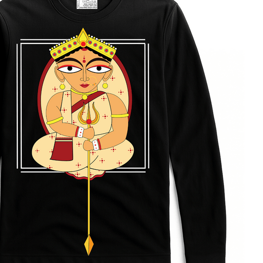 Uma Spiritual T-shirt - Bengali Heritage design featuring Goddess Uma in vibrant colors on a black unisex full sleeves 100% cotton top. Ideal for showcasing cultural pride and comfort in religious apparel.