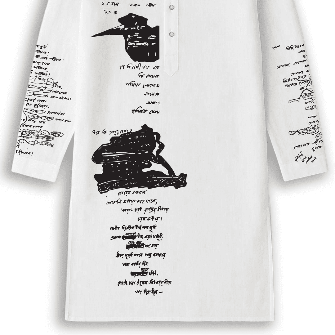 Close-up of Rabindranath Tagore inspired scribble art on white cotton kurta, showcasing intricate Bengali calligraphy and heritage design.