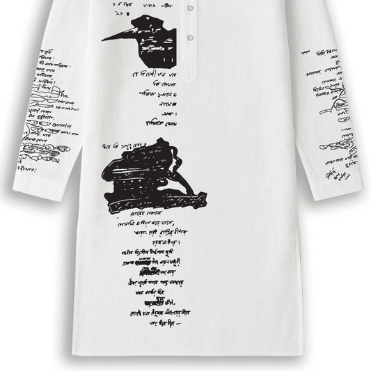 Close-up of Rabindranath Tagore inspired scribble art on white cotton kurta, showcasing intricate Bengali calligraphy and heritage design.