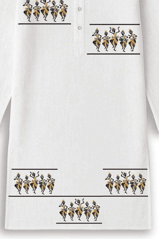 Close-up of men's ethnic printed kurta showcasing detailed tribal dance motifs in black and yellow on breathable white cotton fabric.