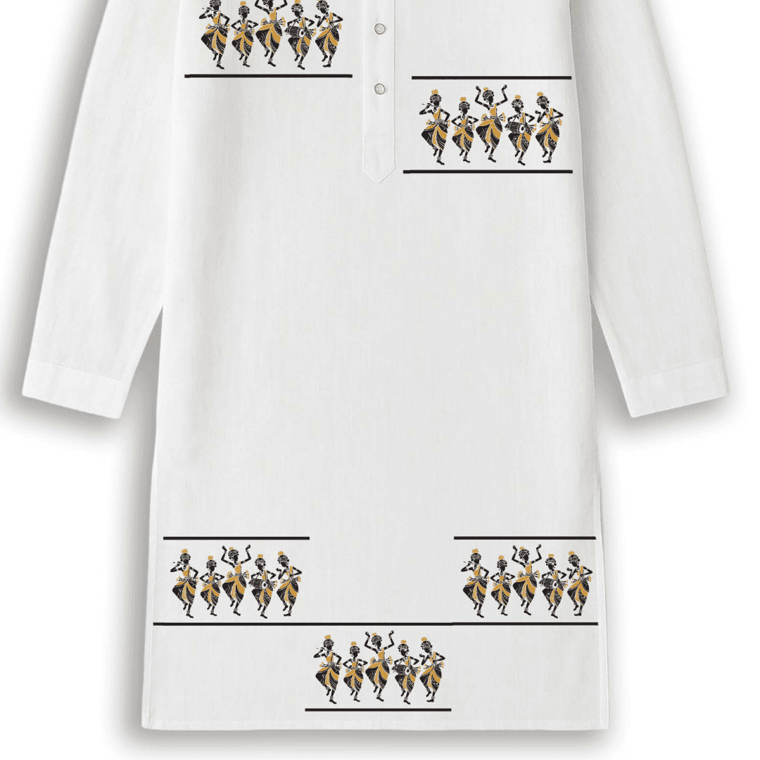 Close-up of men's ethnic printed kurta showcasing detailed tribal dance motifs in black and yellow on breathable white cotton fabric.