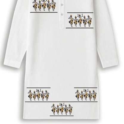 Close-up of men's ethnic printed kurta showcasing detailed tribal dance motifs in black and yellow on breathable white cotton fabric.