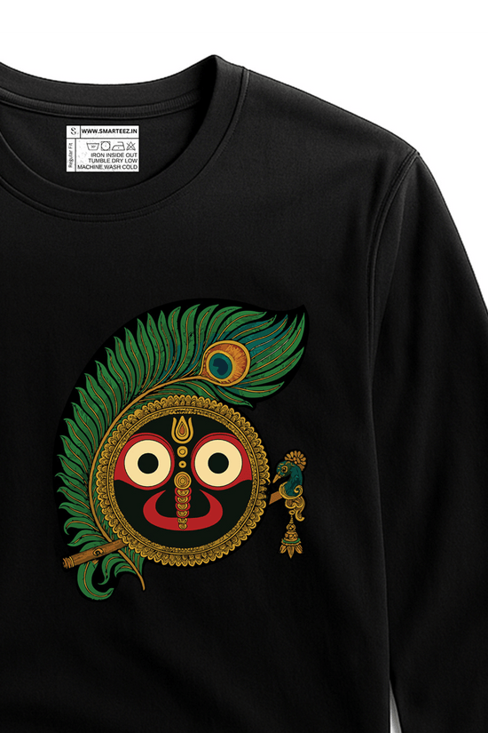 Rath Yatra T-Shirt - Jagannath design with peacock feather and flute on black full sleeves tee, perfect for spiritual and festive wear.