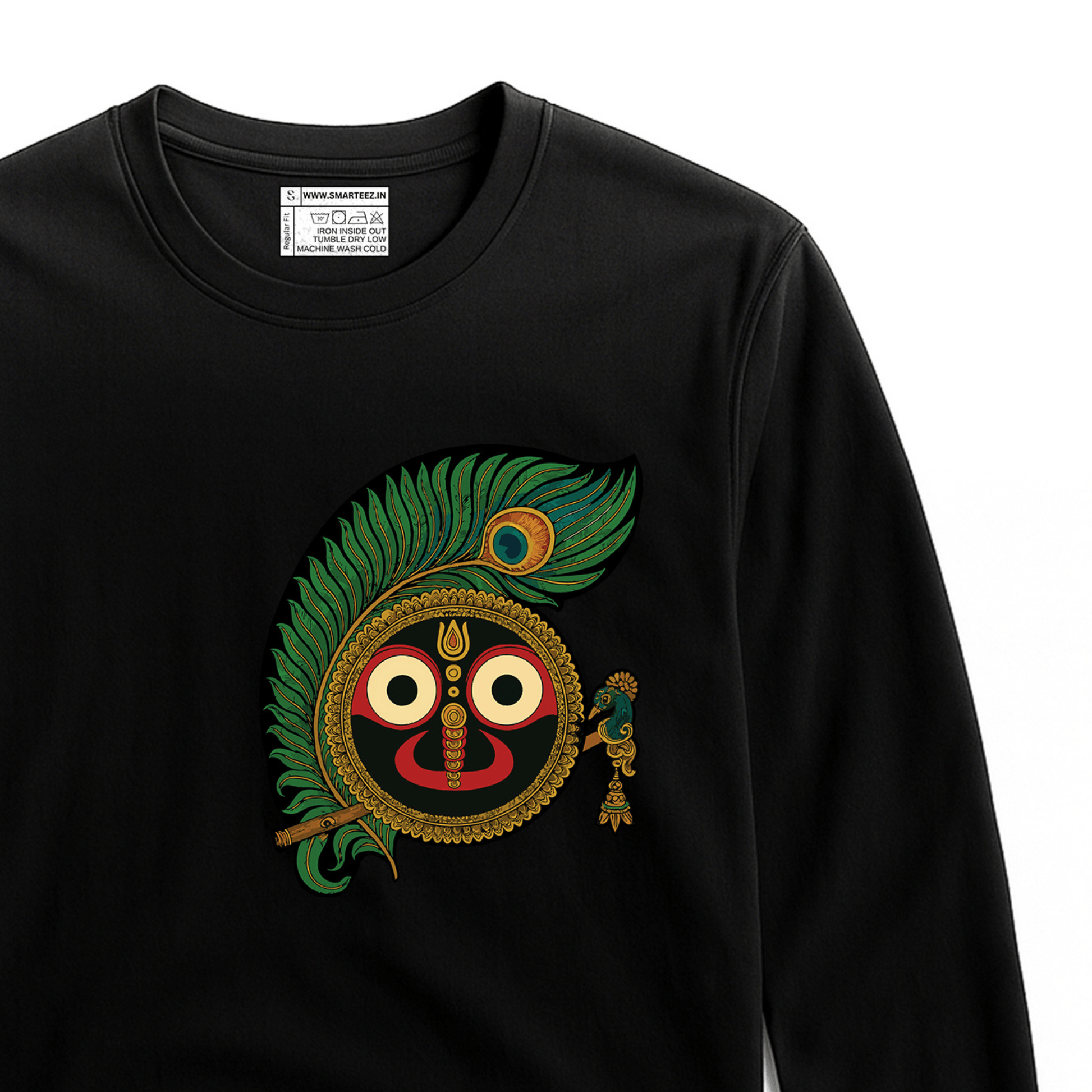 Rath Yatra T-Shirt - Jagannath design with peacock feather and flute on black full sleeves tee, perfect for spiritual and festive wear.