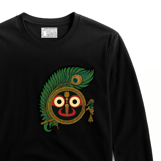 Rath Yatra T-Shirt - Jagannath design with peacock feather and flute on black full sleeves tee, perfect for spiritual and festive wear.