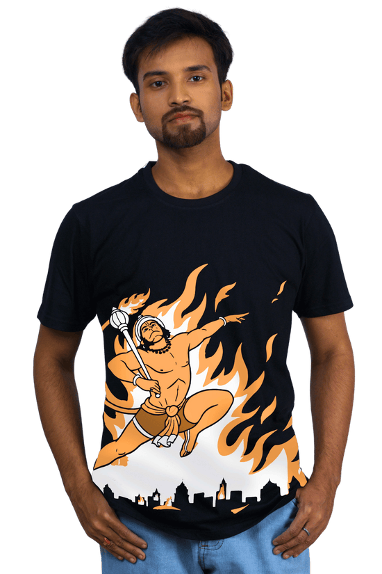 Hanuman Fire Warrior T-Shirt | Bajrangbali Mythological Power Art | Unisex Black Tee