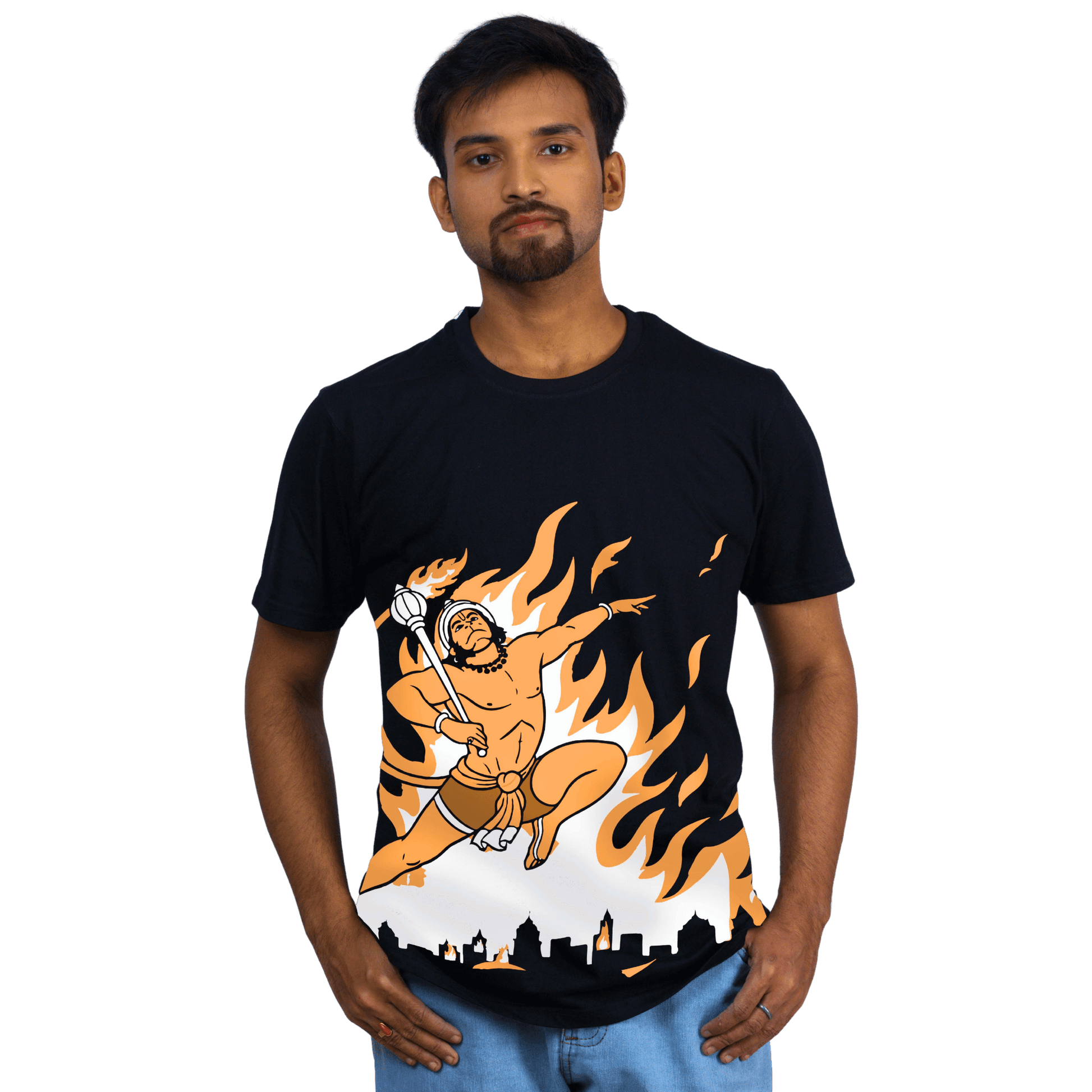Hanuman Fire Warrior T-Shirt | Bajrangbali Mythological Power Art | Unisex Black Tee