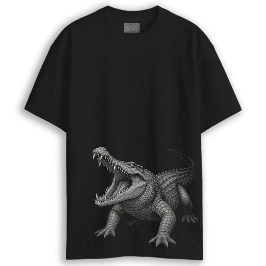 Crocodile Animal T-Shirt in black with detailed saltwater crocodile artwork, oversized fit for animal lovers and wildlife fans.