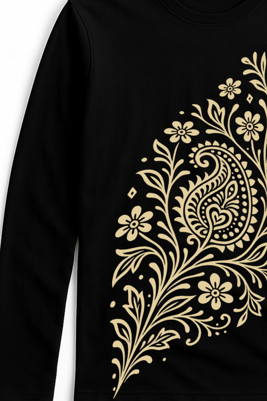 Alpona Grace Bengali full sleeve t-shirt in black with intricate floral Alpona design in beige. Unisex cotton tee celebrating Bengali tradition.