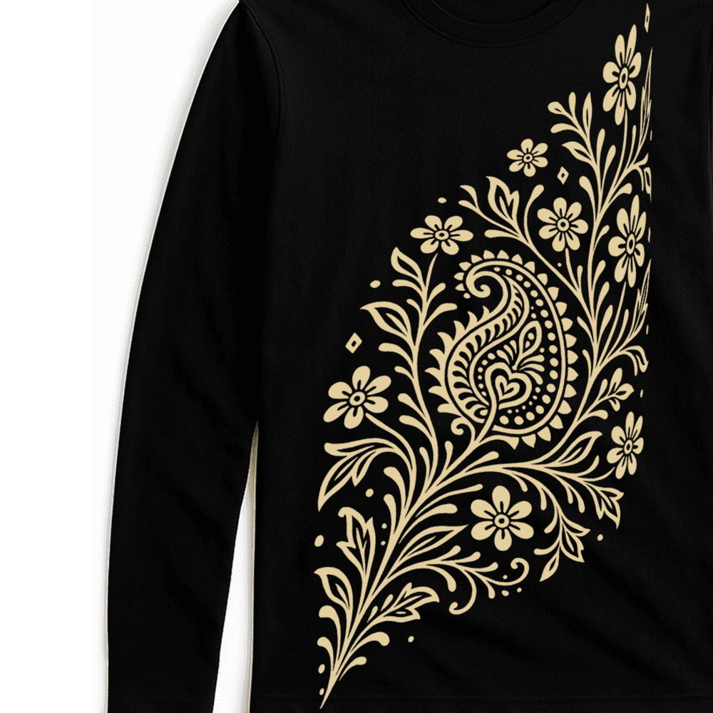 Alpona Grace Bengali full sleeve t-shirt in black with intricate floral Alpona design in beige. Unisex cotton tee celebrating Bengali tradition.