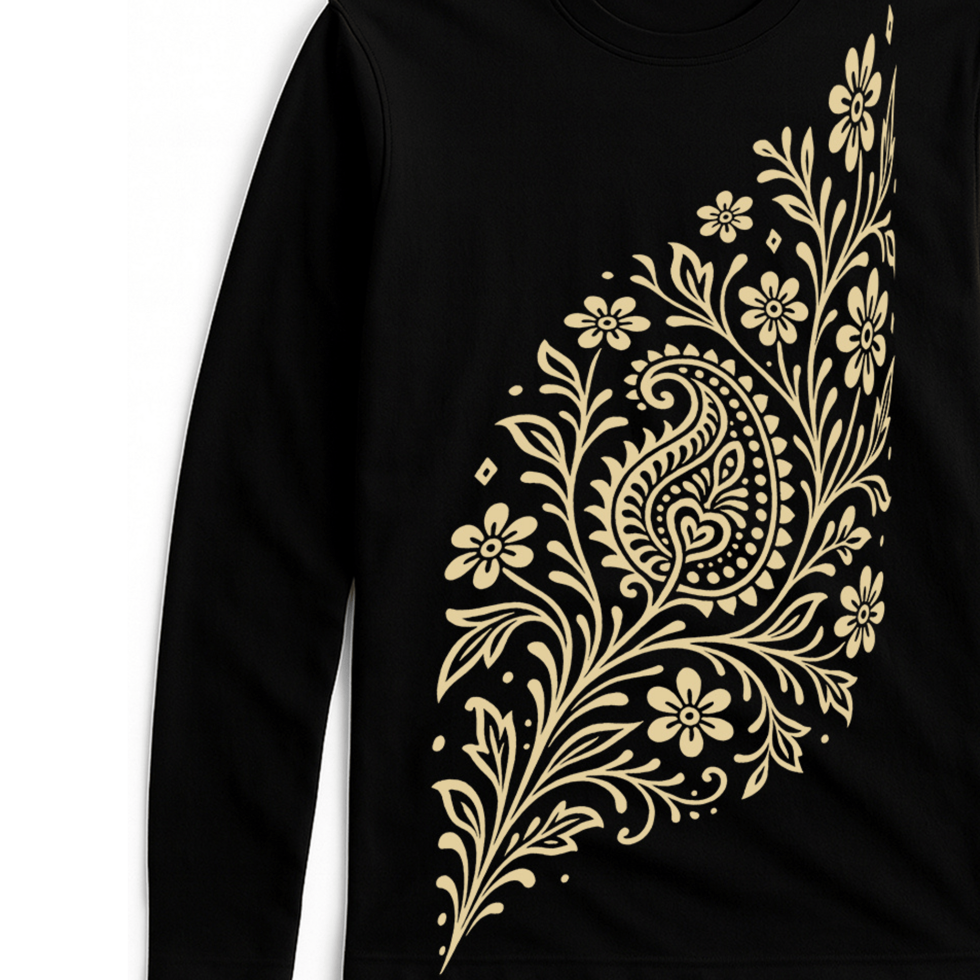 Alpona Grace Bengali full sleeve t-shirt in black with intricate floral Alpona design in beige. Unisex cotton tee celebrating Bengali tradition.