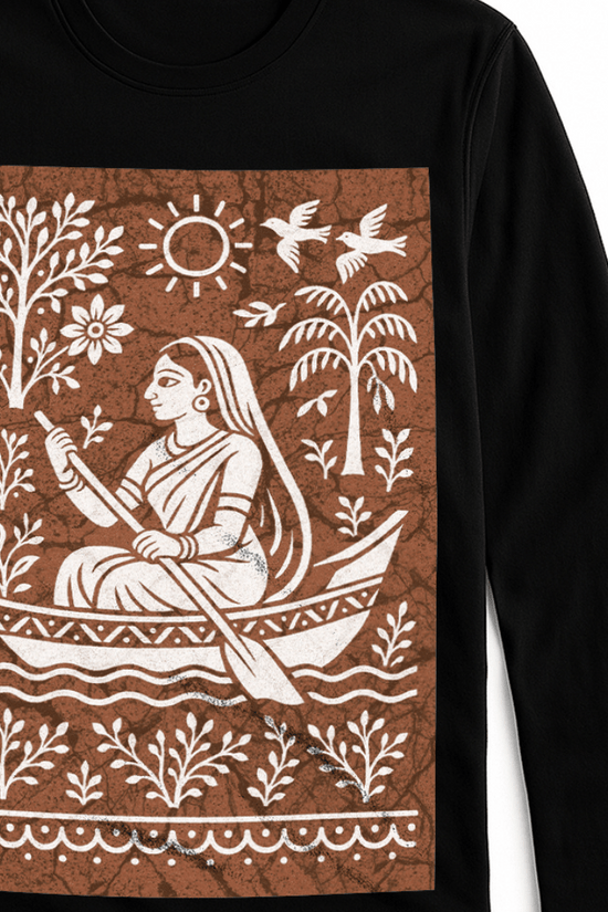 Bengali Boatwoman Shirt with batik-style folk art print on black full sleeves cotton T-shirt, featuring a woman rowing a boat in traditional design.