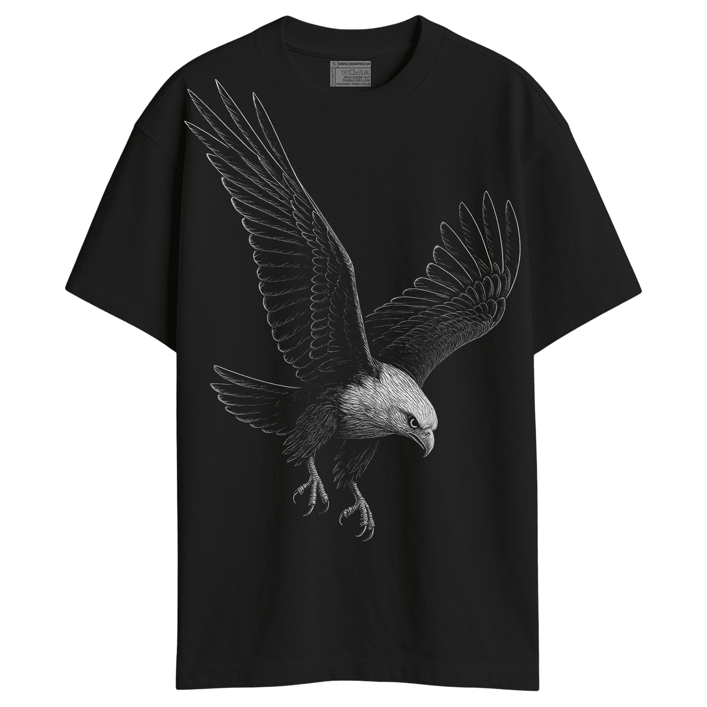 Eagle Strike T-Shirt - Oversized Animal T-Shirt with detailed white eagle graphic on black cotton fabric, ideal for wildlife art fans.