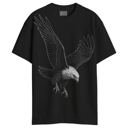 Eagle Strike T-Shirt - Oversized Animal T-Shirt with detailed white eagle graphic on black cotton fabric, ideal for wildlife art fans.