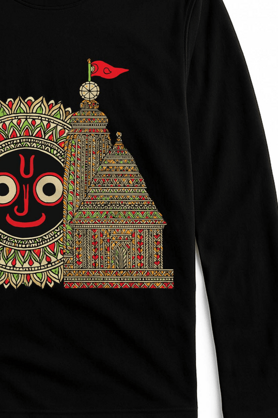 Puri Jagannath Temple T-Shirt - Full Sleeve features a vibrant heritage design with Lord Jagannath face and temple art, ideal for Rath Yatra fans.
