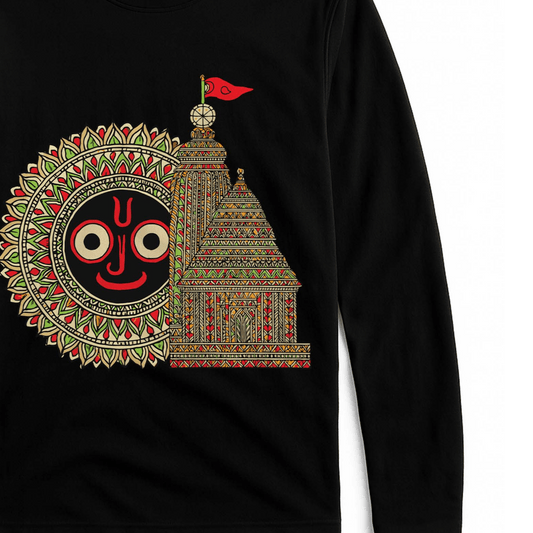 Puri Jagannath Temple T-Shirt - Full Sleeve features a vibrant heritage design with Lord Jagannath face and temple art, ideal for Rath Yatra fans.