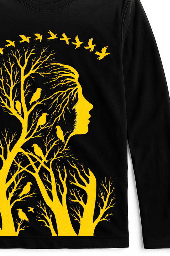 Nature Within T-Shirt - Unisex Graphic in black with yellow silhouette of woman, birds, and trees. 100% cotton full sleeves tee for artistic expression.