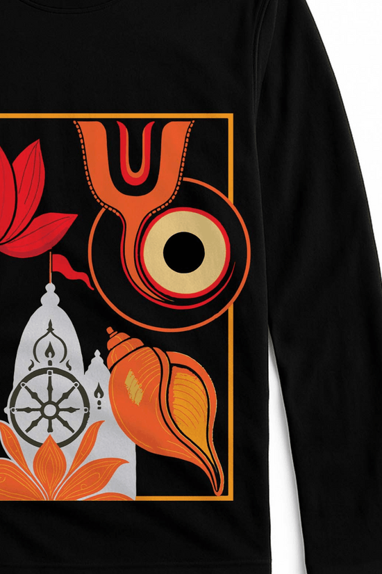 Jagannath Temple Tee - Religious Full Sleeve Tshirt with minimalist Puri Temple silhouette, lotus, shankha, and Rath Yatra flag on black fabric.