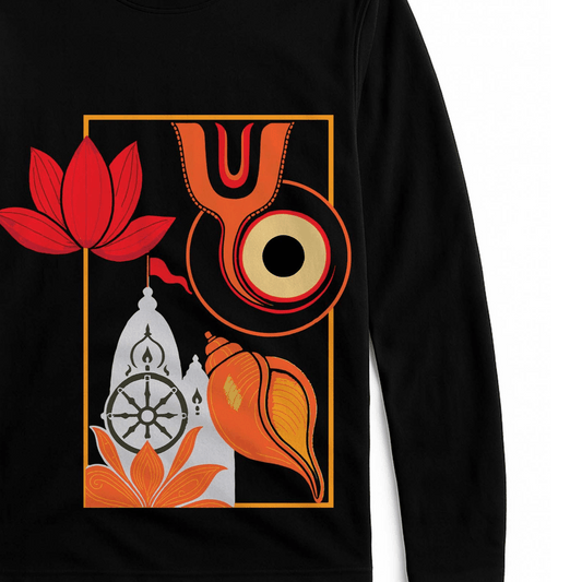 Jagannath Temple Tee - Religious Full Sleeve Tshirt with minimalist Puri Temple silhouette, lotus, shankha, and Rath Yatra flag on black fabric.
