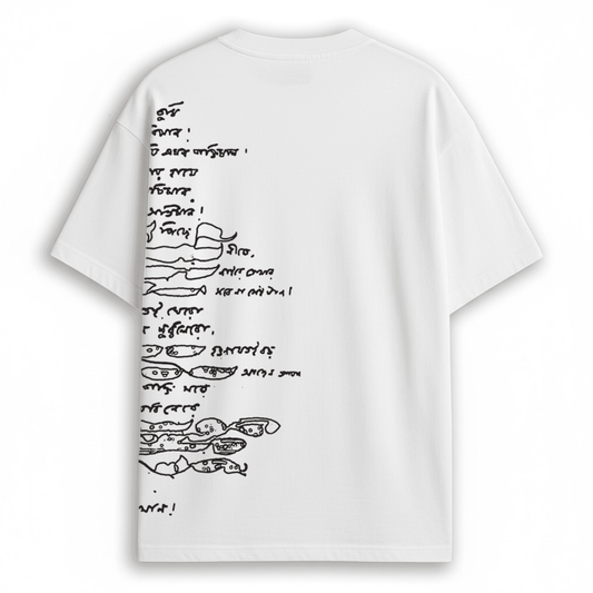 Back view of white oversized unisex Rabindra Tagore Scribble Art T-Shirt with Bengali calligraphy design in black ink.