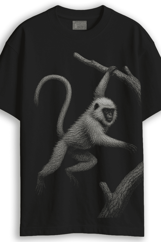 Hanuman Langur T-Shirt - Animal T-Shirt | Wildlife design, Unisex featuring a detailed white langur graphic on a black oversized tee.