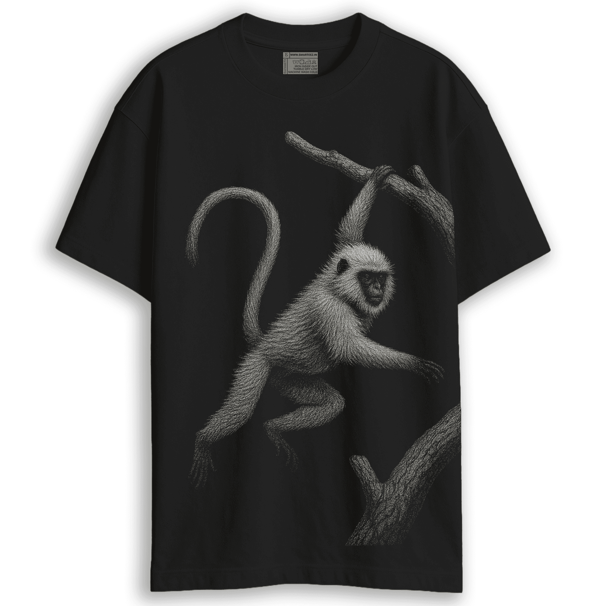 Hanuman Langur T-Shirt - Animal T-Shirt | Wildlife design, Unisex featuring a detailed white langur graphic on a black oversized tee.