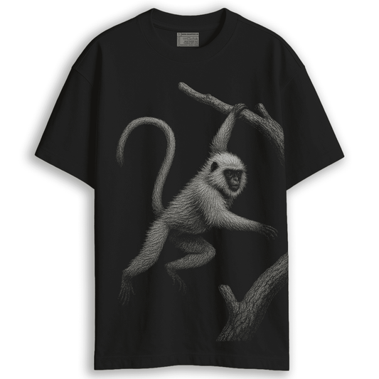 Hanuman Langur T-Shirt - Animal T-Shirt | Wildlife design, Unisex featuring a detailed white langur graphic on a black oversized tee.