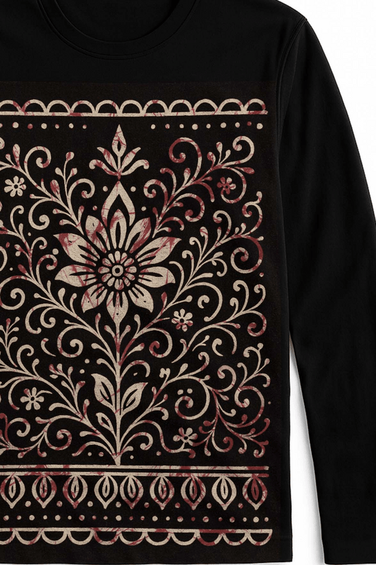 Bengali Alpona Art T-Shirt with intricate floral folk design in beige and maroon on black cotton fabric. Unisex full sleeves ethnic wear.