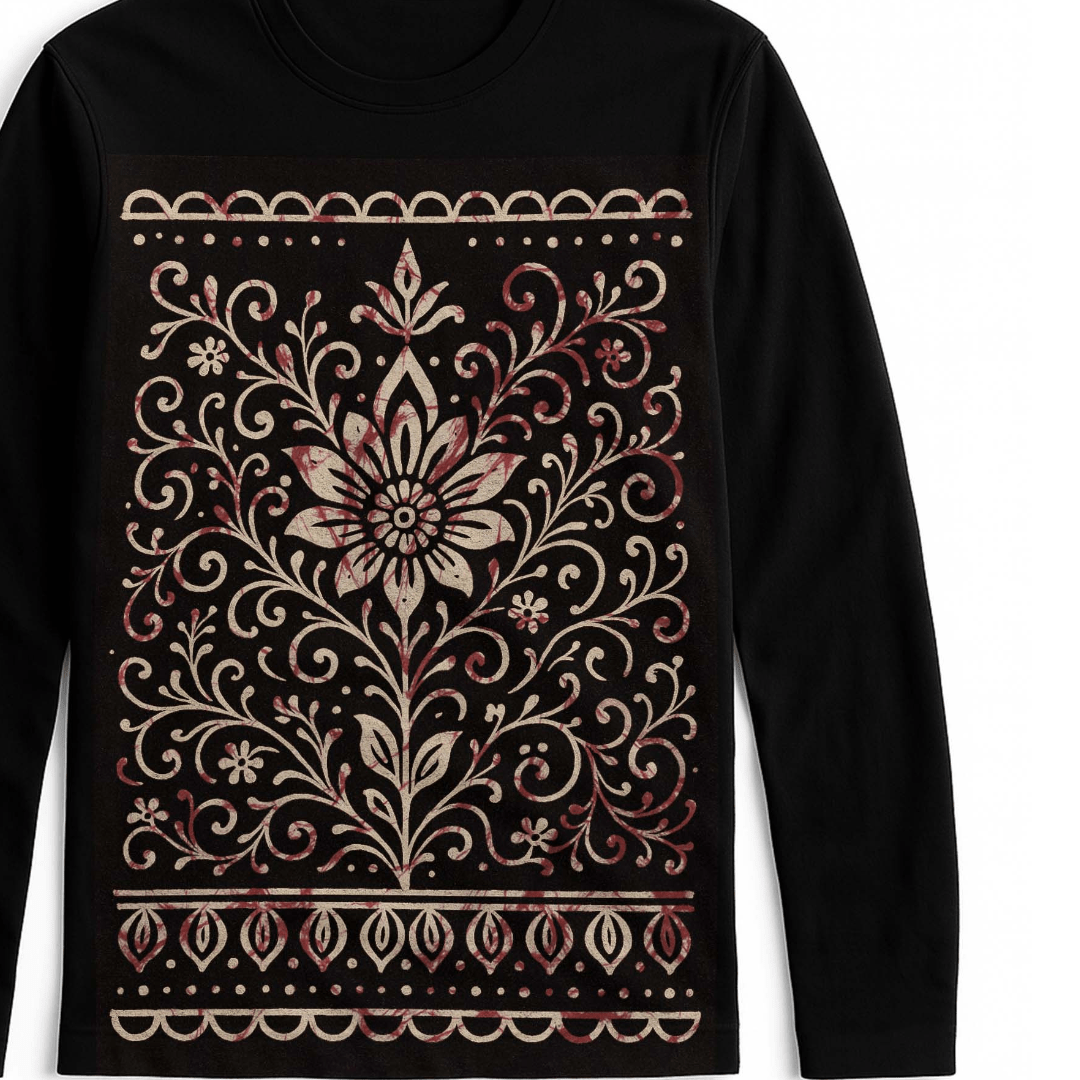 Bengali Alpona Art T-Shirt with intricate floral folk design in beige and maroon on black cotton fabric. Unisex full sleeves ethnic wear.