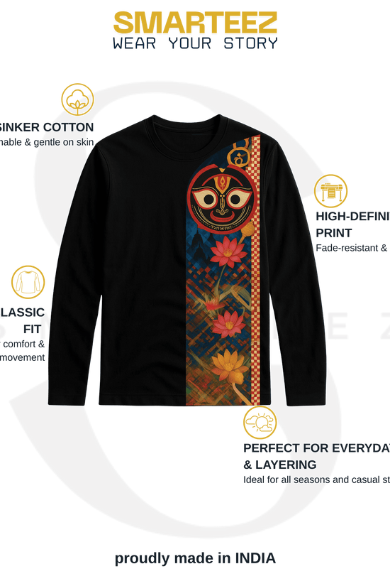 Jagannath T-shirt - Sacred Lotus Design | Rath Yatra Tee in black with vibrant lotus trail and deity artwork, ideal for spiritual and festive wear.