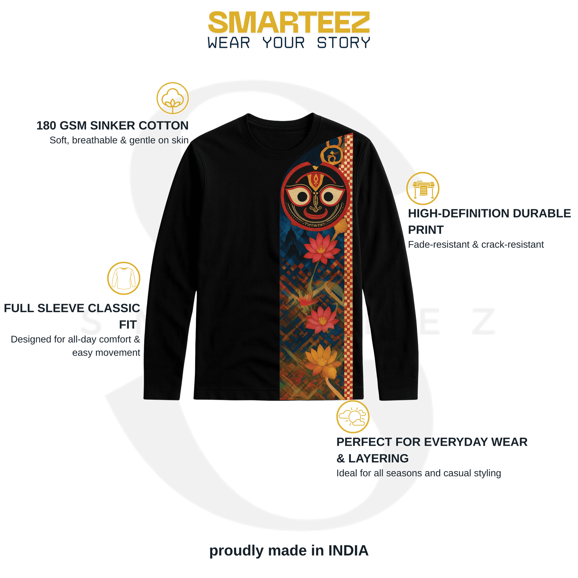 Jagannath T-shirt - Sacred Lotus Design | Rath Yatra Tee in black with vibrant lotus trail and deity artwork, ideal for spiritual and festive wear.