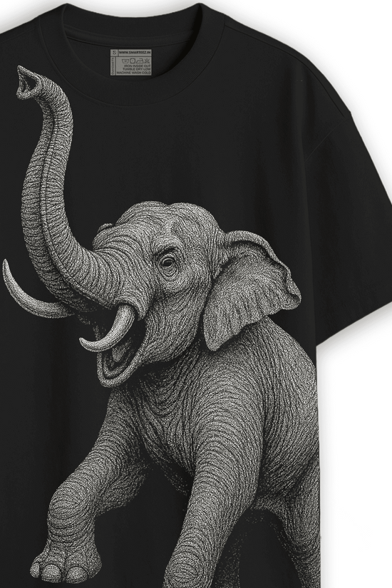 Close-up of the Indian Elephant Graphic T-Shirt showcasing the intricate elephant illustration on the oversized black tee. Ideal for wildlife art lovers.