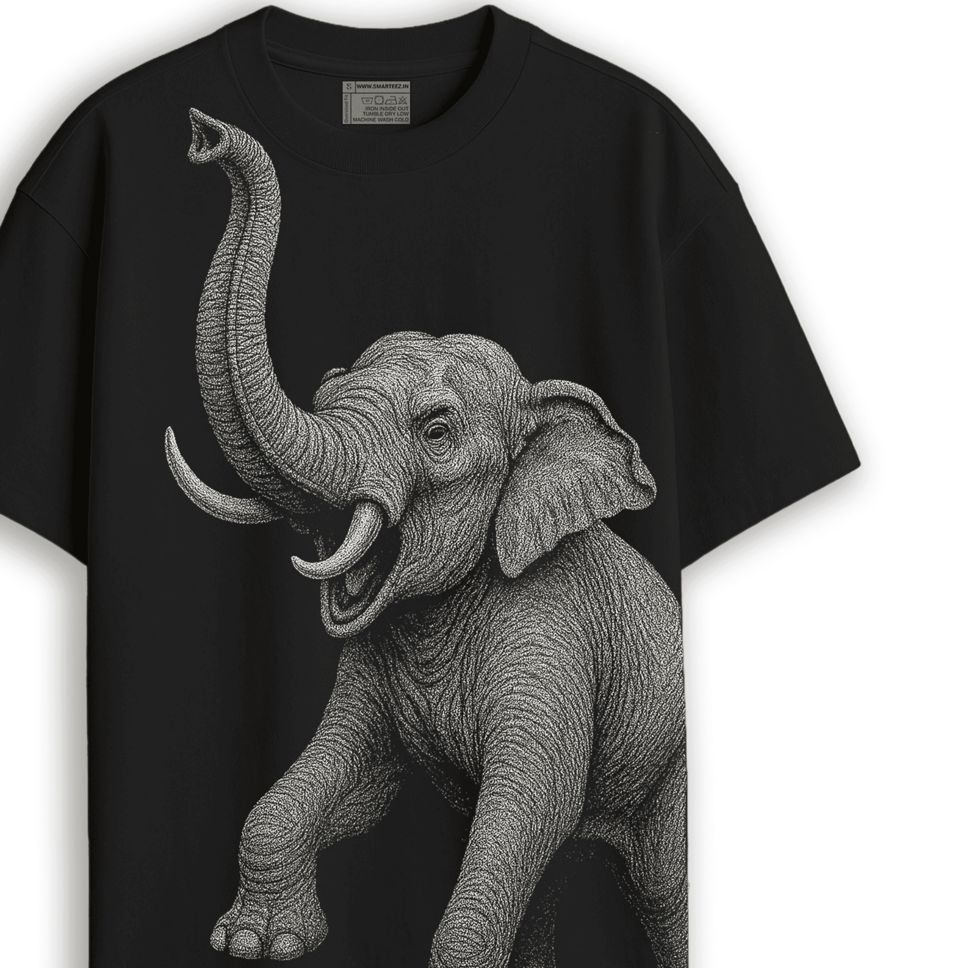 Close-up of the Indian Elephant Graphic T-Shirt showcasing the intricate elephant illustration on the oversized black tee. Ideal for wildlife art lovers.