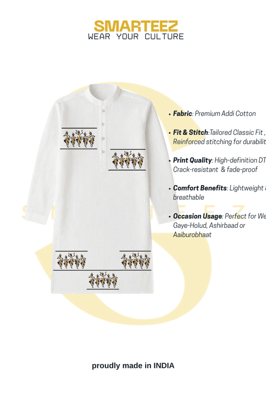 Tribal dance ethnic printed cotton kurta for men by SMARTEEZ, highlighting fabric quality, fit, and cultural design for festive occasions.