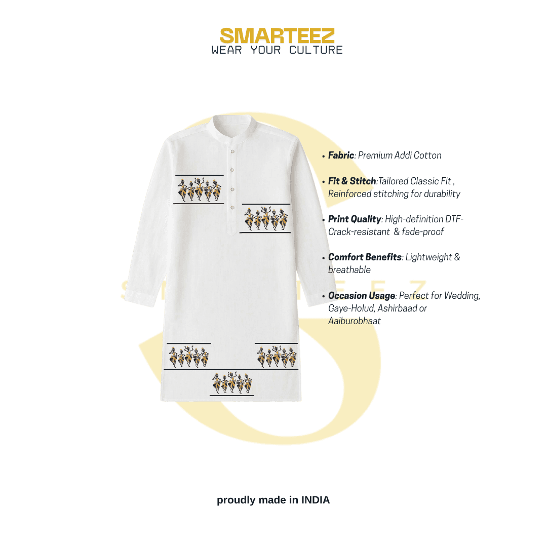 Tribal dance ethnic printed cotton kurta for men by SMARTEEZ, highlighting fabric quality, fit, and cultural design for festive occasions.